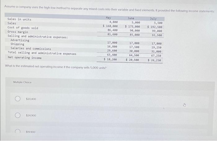 Assume A Company Uses The High Low Method To Separate Any Mixed Costs Into Their Variable And Fixed Elements It Provide 1