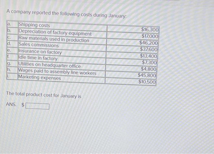 A Company Reported The Following Costs During January A B C D E F Shipping Costs Depreciation Of Factory Equipment 1
