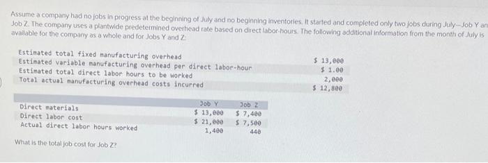 Assume A Company Had No Jobs In Progress At The Beginning Of July And No Beginning Inventories It Started And Completed 1