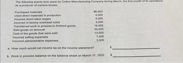 The Following Events Took Place For Collins Manufacturing Company During March The First Month Of Its Operations As A P 1