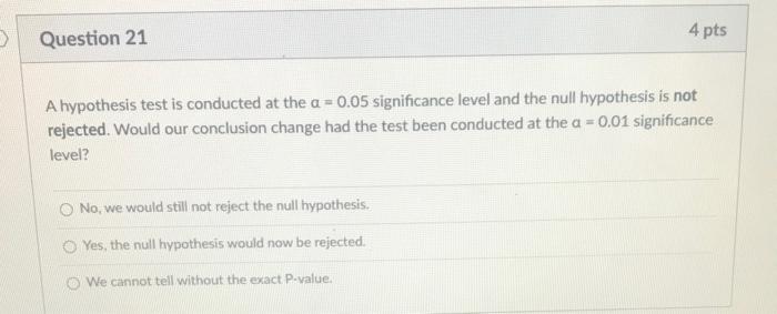 Question 21 4 Pts A Hypothesis Test Is Conducted At The A 0 05 Significance Level And The Null Hypothesis Is Not Rejec 1