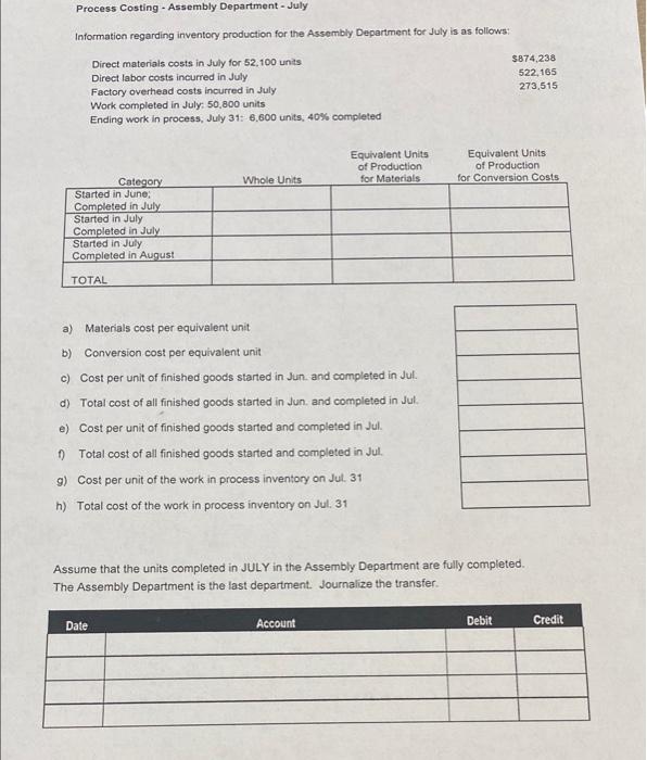 Process Costing Assembly Department June Information Regarding Inventory Production For The Assembly Department For 2