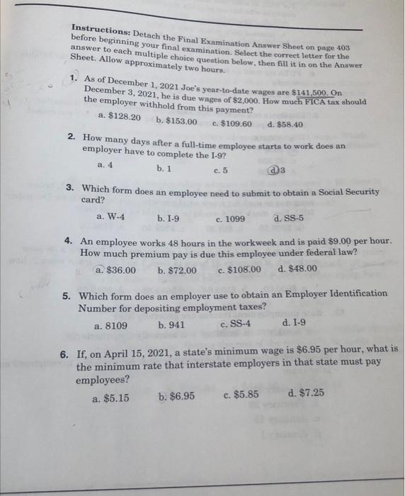 Instructions Detach The Final Examination Answer Sheet On Page 403 Before Beginning Your Final Examination Select The 1