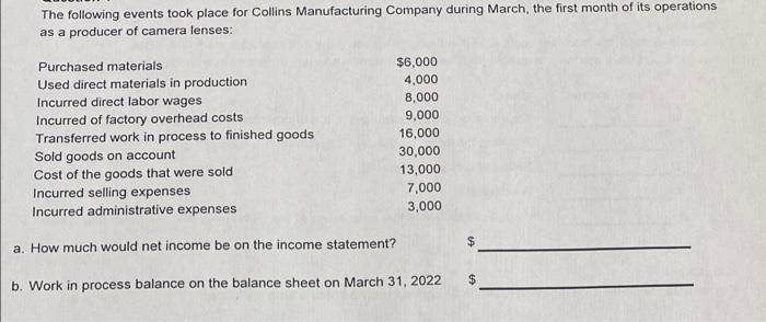 The Following Events Took Place For Collins Manufacturing Company During March The First Month Of Its Operations As A P 1