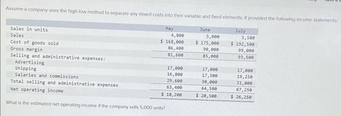 Assume A Company Uses The High Low Method To Separate Any Mixed Costs Into Their Variable And Fixed Elements It Provide 1