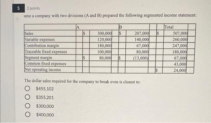 5 5 2 Points Ume A Company With Two Divisions A And B Prepared The Following Segmented Income Statement A B Is Sa 1