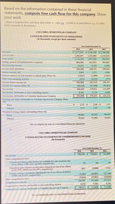 Based On The Information Contained In These Financial Statements Compute Free Cash Flow For This Company Show Your Wor 1