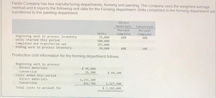 Fields Company Has Two Manufacturing Departments Forming And Painting The Company Uses The Weighted Average Method And 1