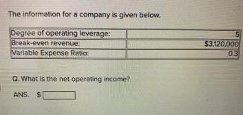 The Information For A Company Is Given Below Degree Of Operating Leverage Break Even Revenue Variable Expense Ratio 1