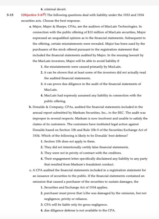 5 15 4 Criminal Deceit Objective 5 6 The Following Questions Deal With Liability Under The 1933 And 1934 Securities 2