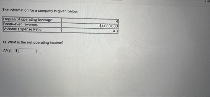 Hel The Information For A Company Is Given Below Degree Of Operating Leverage Break Even Revenue Variable Expense Rat 1