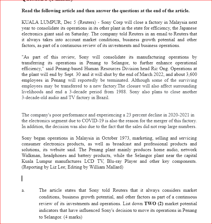 Read The Following Article And Then Answer The Questions At The End Of The Article Kuala Lumpur Dec 5 Reuters Sony 1