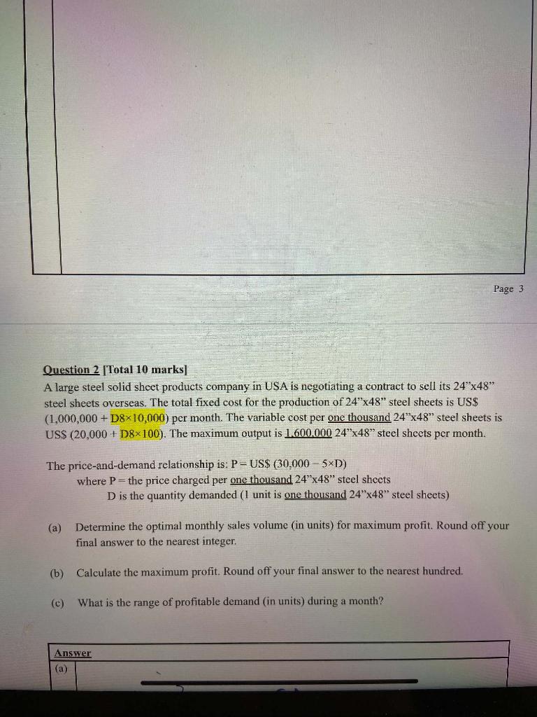 Page 3 Question 2 Total 10 Marks A Large Steel Solid Sheet Products Company In Usa Is Negotiating A Contract To Sell I 1