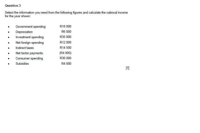 Question 3 Select The Information You Need From The Following Figures And Calculate The National Income For The Year Sho 1