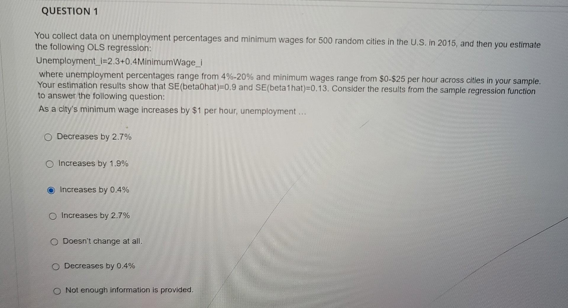 Question 1 You Collect Data On Unemployment Percentages And Minimum Wages For 500 Random Cities In The U S In 2015 And 1