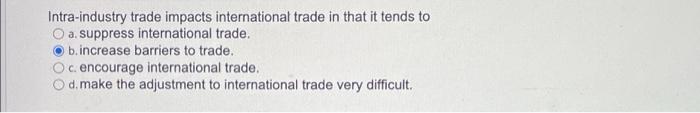 Intra Industry Trade Impacts International Trade In That It Tends To O A Suppress International Trade B Increase Barrie 1