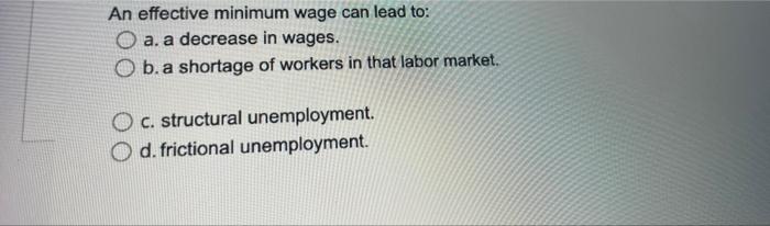 An Effective Minimum Wage Can Lead To O A A Decrease In Wages O B A Shortage Of Workers In That Labor Market C Str 1