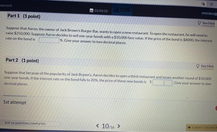 Yo Merk Sta 03 03 22 Cmorokoscut Part 1 1 Point See Hint You Purchased An Ibm Bond With A Face Value Of 10 000 And An 3