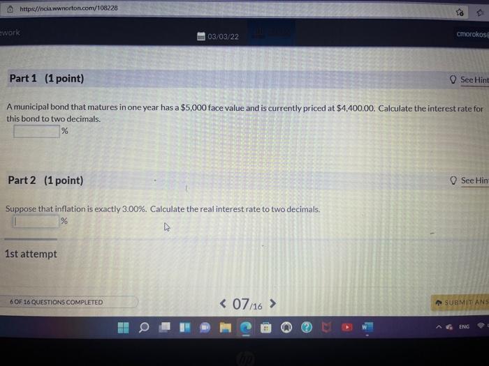 Yo Merk Sta 03 03 22 Cmorokoscut Part 1 1 Point See Hint You Purchased An Ibm Bond With A Face Value Of 10 000 And An 4
