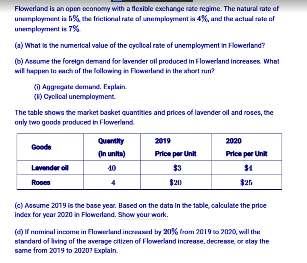 Flowerland Is An Open Economy With A Flexible Exchange Rate Regime The Natural Rate Of Unemployment Is 5 The Friction 1