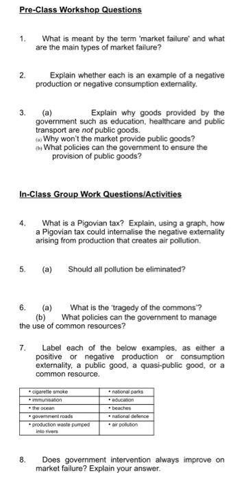 Pre Class Workshop Questions 1 What Is Meant By The Term Market Failure And What Are The Main Types Of Market Failure 1