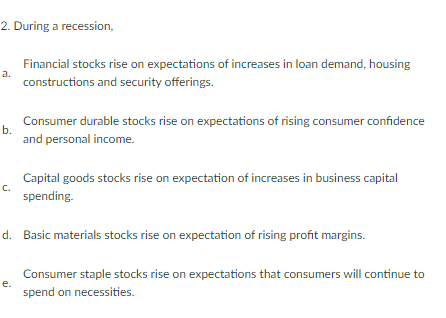 2 During A Recession A Financial Stocks Rise On Expectations Of Increases In Loan Demand Housing Constructions And S 1