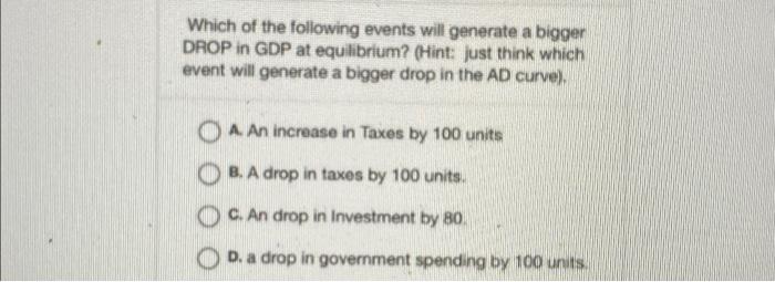 Which Of The Following Events Will Generate A Bigger Drop In Gdp At Equilibrium Hint Just Think Which Event Will Gene 1