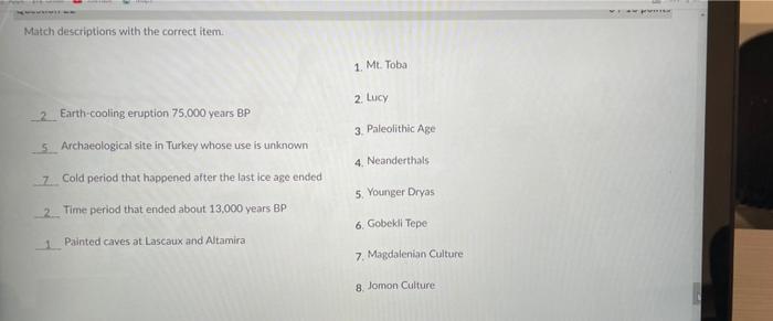 Match Descriptions With The Correct Item 1 Mt Toba 2 Lucy 2 Earth Cooling Eruption 75 000 Years Bp 3 Paleolithic Ag 1