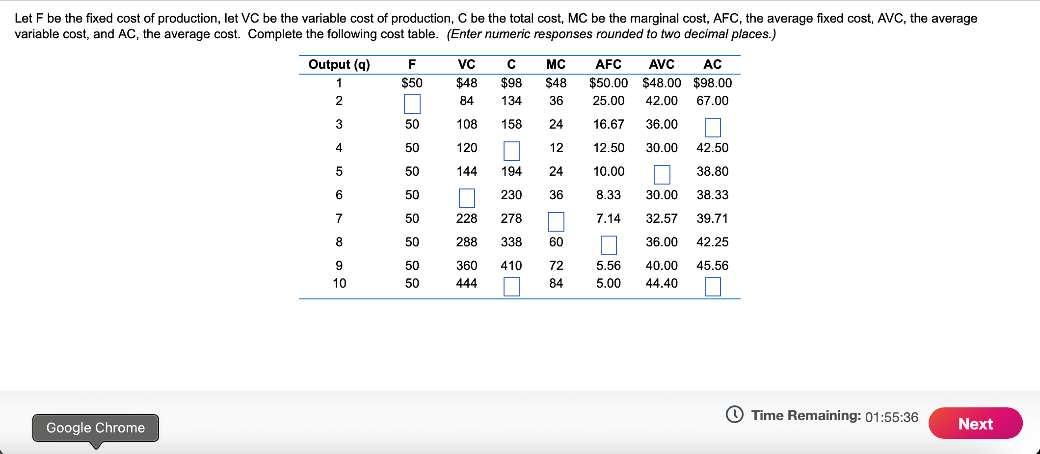Let F Be The Fixed Cost Of Production Let Vc Be The Variable Cost Of Production C Be The Total Cost Mc Be The Margina 1