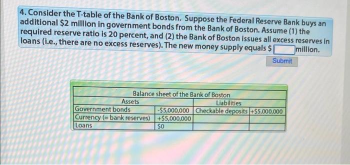 4 Consider The T Table Of The Bank Of Boston Suppose The Federal Reserve Bank Buys An Additional 2 Million In Governm 1