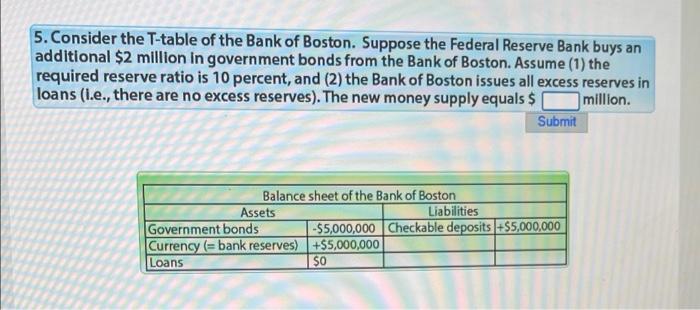 5 Consider The T Table Of The Bank Of Boston Suppose The Federal Reserve Bank Buys An Additional 2 Million In Governm 1