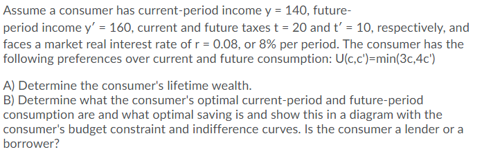 Assume A Consumer Has Current Period Income Y 140 Future Period Income Y 160 Current And Future Taxes T 20 And 1
