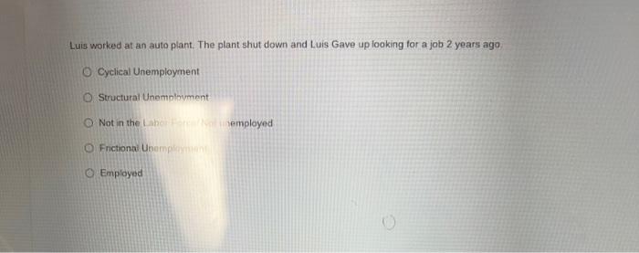 Luis Worked At An Auto Plant The Plant Shut Down And Luis Gave Up Looking For A Job 2 Years Ago Cyclical Unemployment S 1