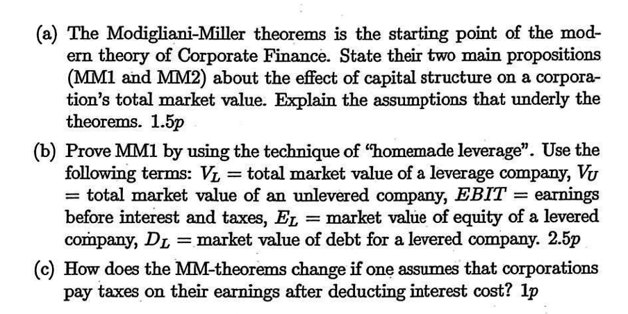 A The Modigliani Miller Theorems Is The Starting Point Of The Mod Ern Theory Of Corporate Finance State Their Two Ma 1