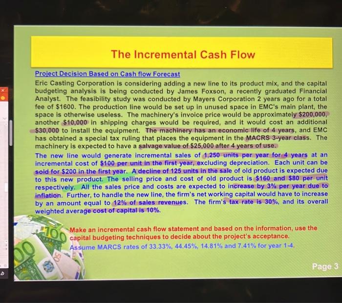 The Incremental Cash Flow Project Decision Based On Cash Flow Forecast Eric Casting Corporation Is Considering Adding A 1