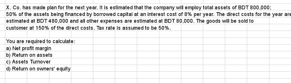 X Co Has Made Plan For The Next Year It Is Estimated That The Company Will Employ Total Assets Of Bdt 800 000 50 Of 1