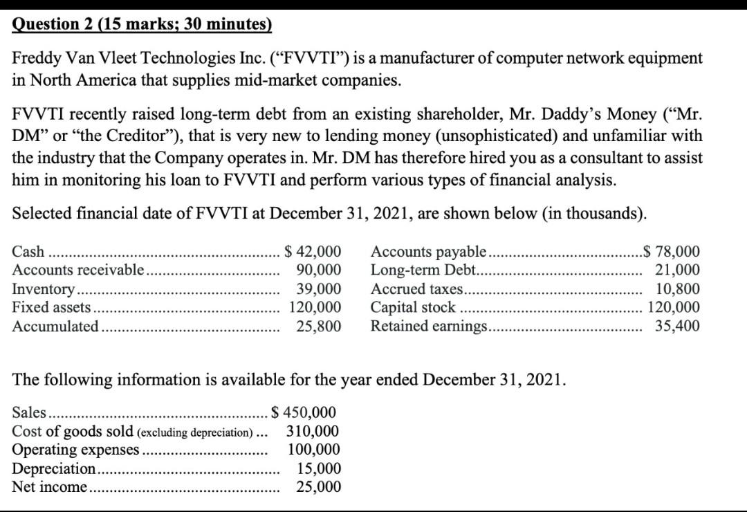 Question 2 15 Marks 30 Minutes Freddy Van Vleet Technologies Inc Fvvti Is A Manufacturer Of Computer Network Equ 1