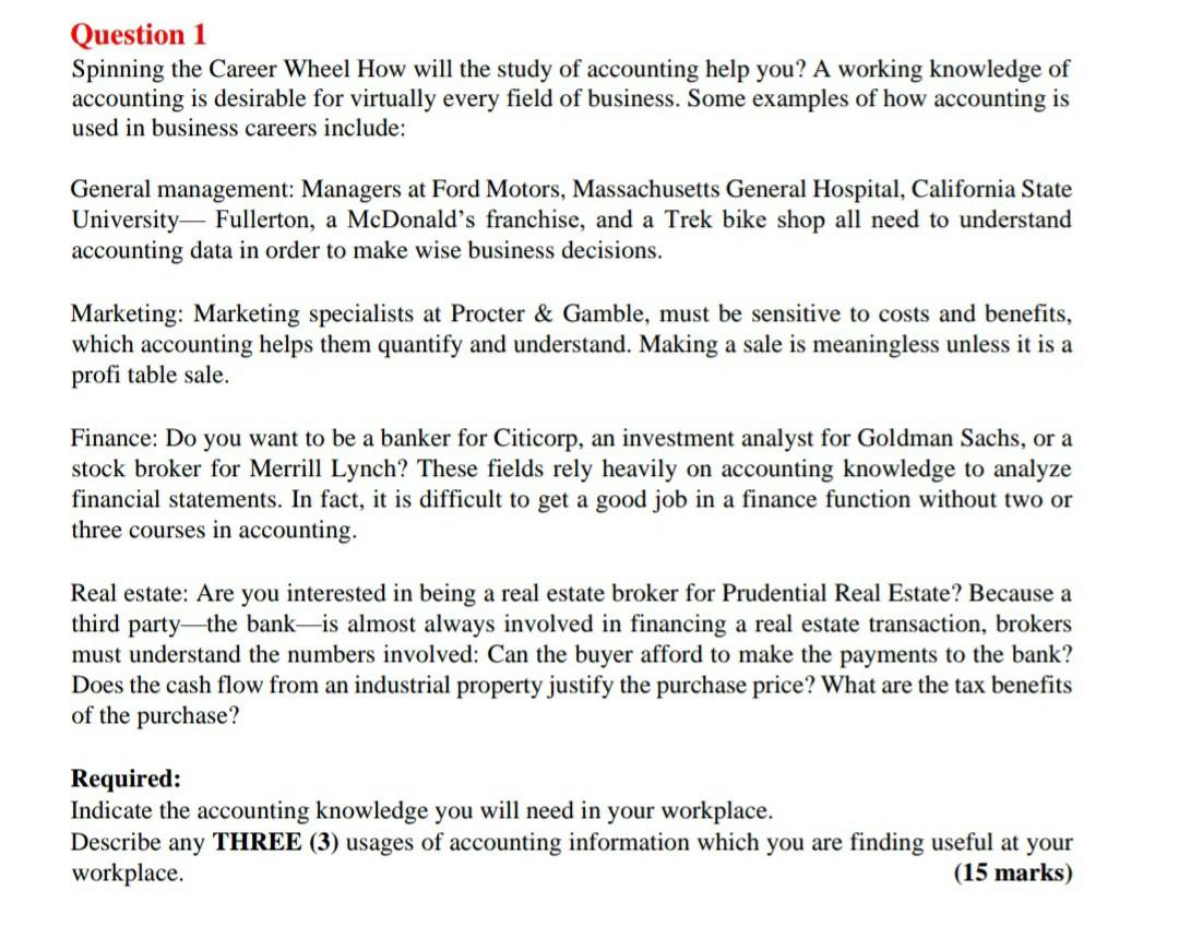 Question 1 Spinning The Career Wheel How Will The Study Of Accounting Help You A Working Knowledge Of Accounting Is Des 1