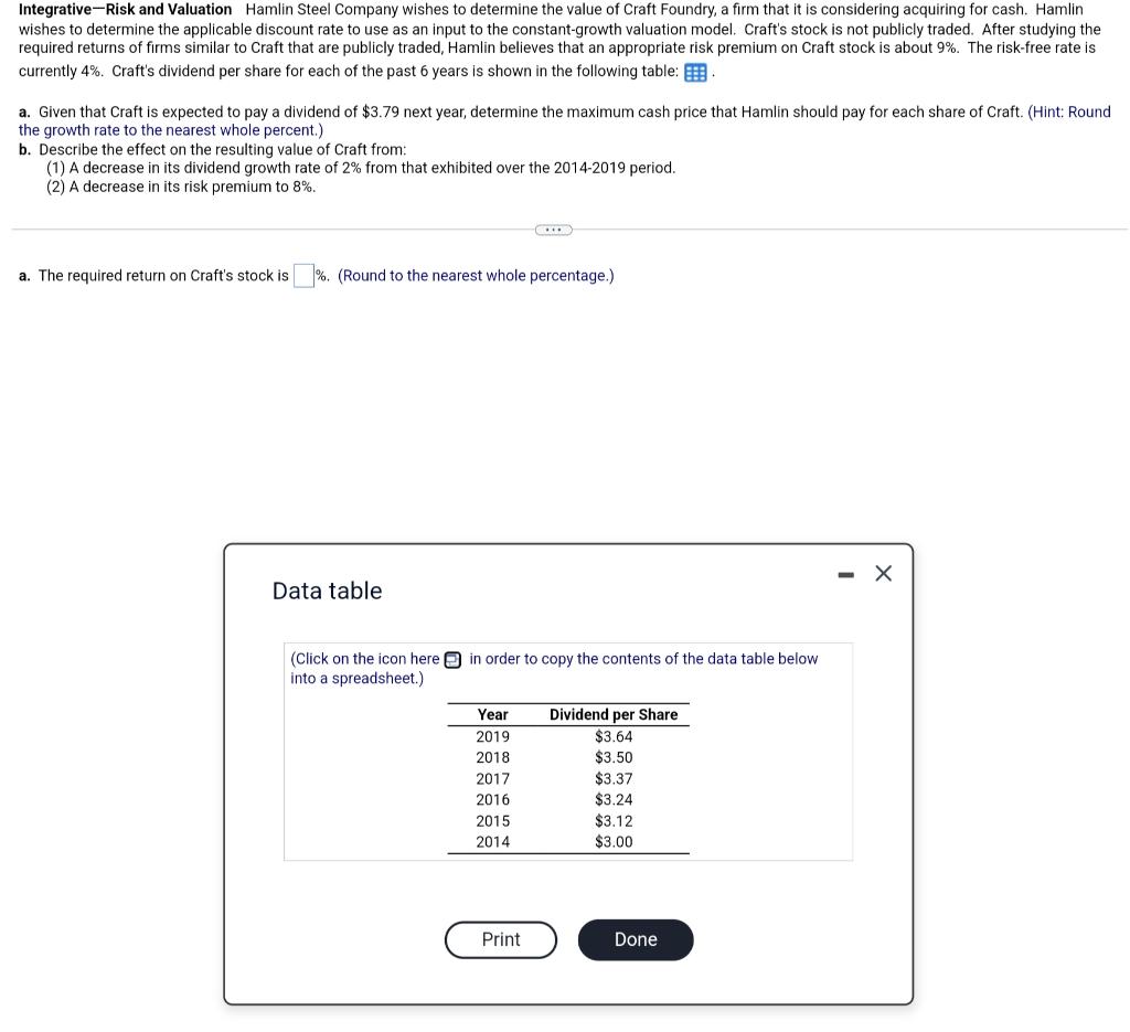 Integrative Risk And Valuation Hamlin Steel Company Wishes To Determine The Value Of Craft Foundry A Firm That It Is Co 1