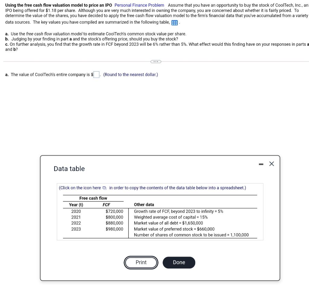 Using The Free Cash Flow Valuation Model To Price An Ipo Personal Finance Problem Assume That You Have An Opportunity To 1