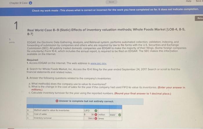 Help Save Chapter 8 Case Check My Work Mode This Shows What Is Correct Or Incorrect For The Work You Have Completed So 1