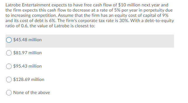 Latrobe Entertainment Expects To Have Free Cash Flow Of 10 Million Next Year And The Firm Expects This Cash Flow To Dec 1