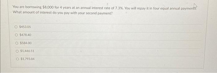 You Are Borrowing 8 000 For 4 Years At An Annual Interest Rate Of 7 3 You Will Repay It In Four Equal Annual Payments 1
