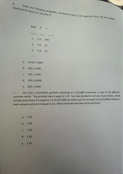 Deviation Of Returns For Security 1 Given The Following Probability Distribution What Is The Expected Return And The S 1