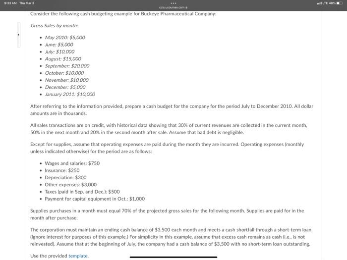 9 33 Am Thu Mar 3 Lte 4bn Club Com Consider The Following Cash Budgeting Example For Buckeye Pharmaceutical Company Gro 1