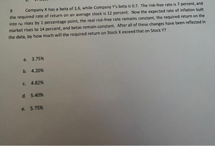 9 Company X Has A Beta Of 1 6 While Company Y S Beta Is 0 7 The Risk Free Rate Is 7 Percent And The Required Rate Of 1