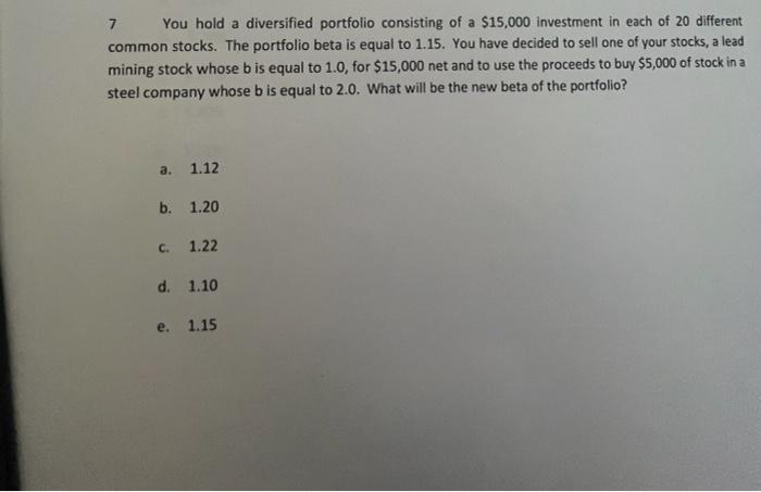 7 You Hold A Diversified Portfolio Consisting Of A 15 000 Investment In Each Of 20 Different Common Stocks The Portfol 1