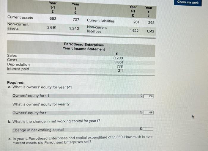 Check My Work Year T 1 Year T Year T 1 Year T 653 707 Current Liabilities Current Assets Non Current Assets 261 1