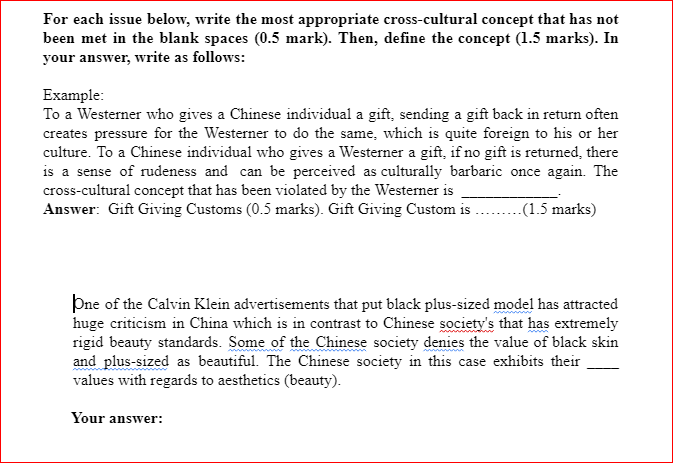 For Each Issue Below Write The Most Appropriate Cross Cultural Concept That Has Not Been Met In The Blank Spaces 0 5 M 1