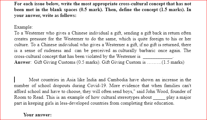 For Each Issue Below Write The Most Appropriate Cross Cultural Concept That Has Not Been Met In The Blank Spaces 0 5 M 1